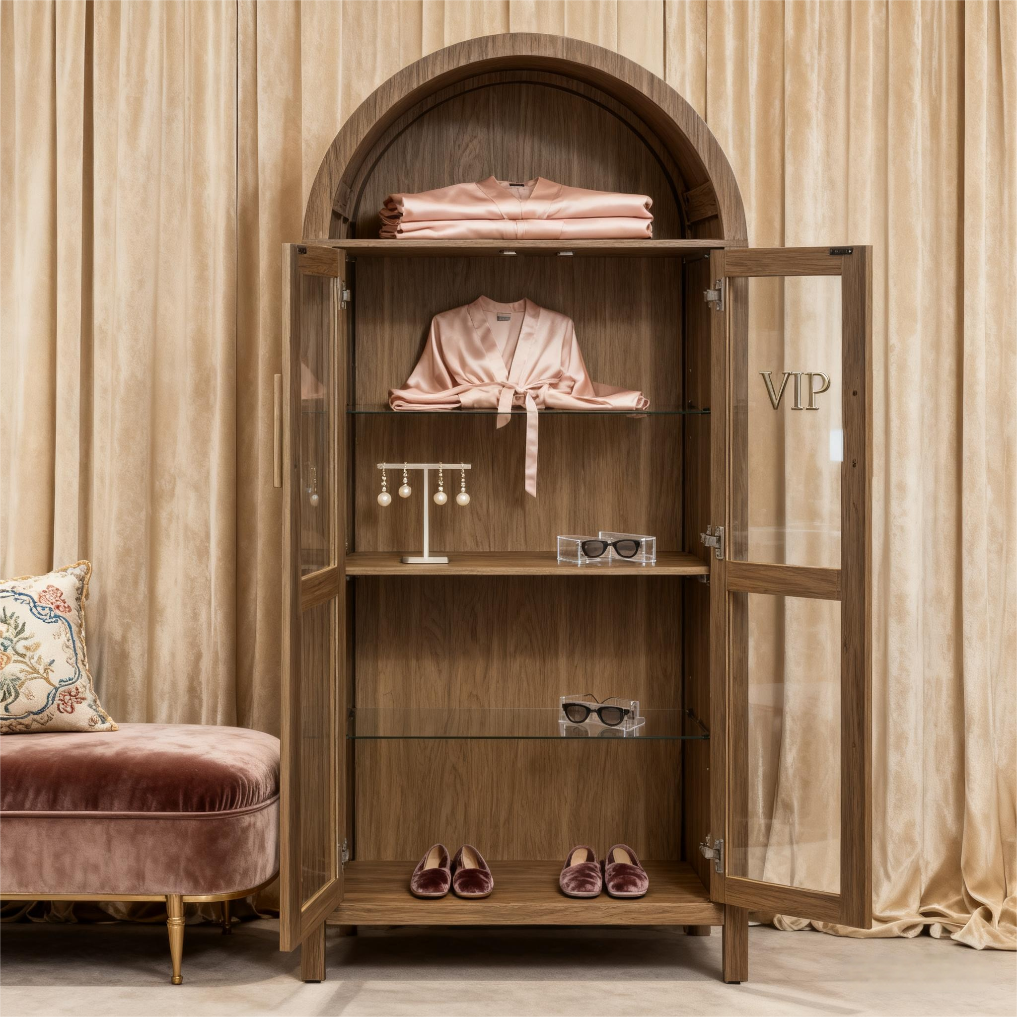 Modern Retro SalonStorage Cabinet with Light &Glass Shelves