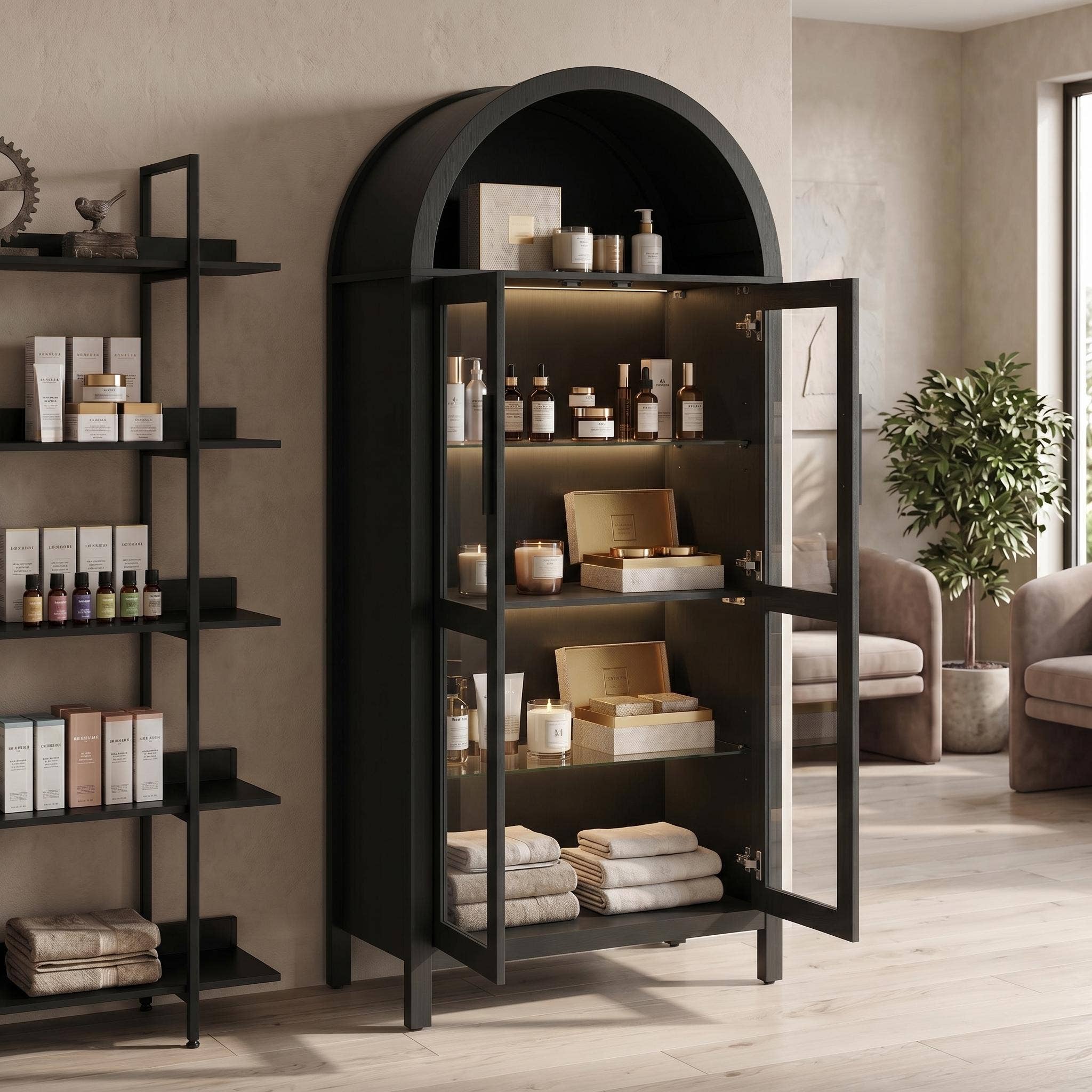 Modern Retro SalonStorage Cabinet with Light &Glass Shelves