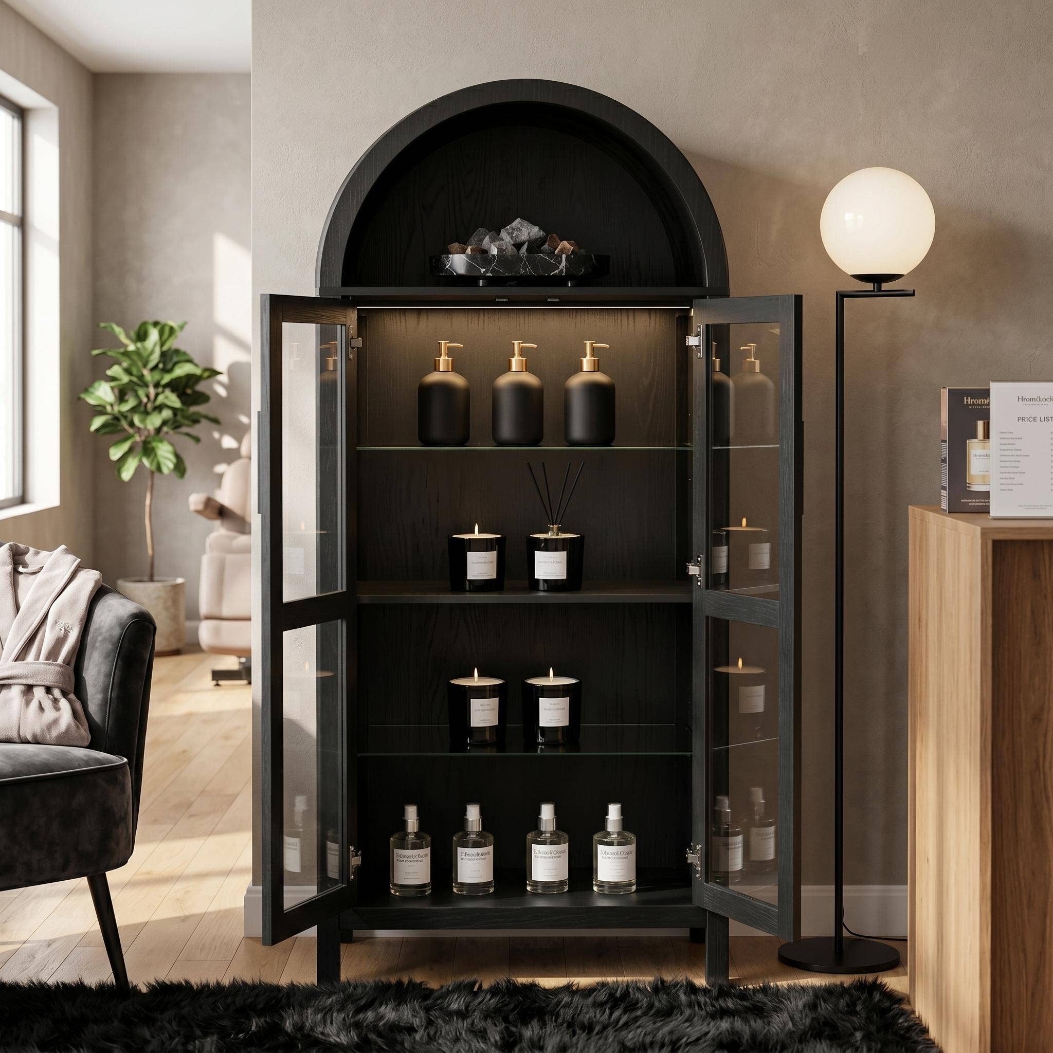 Modern Retro SalonStorage Cabinet with Light &Glass Shelves