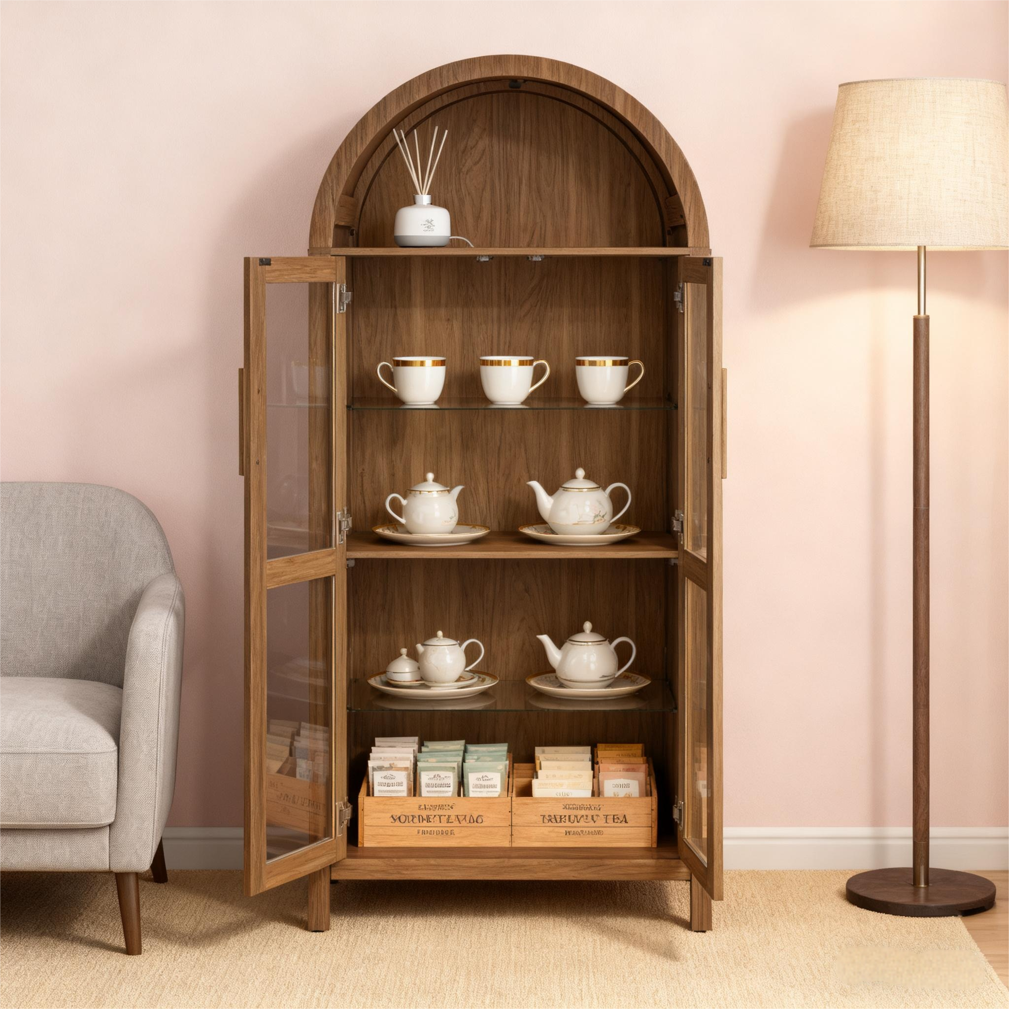 Modern Retro SalonStorage Cabinet with Light &Glass Shelves
