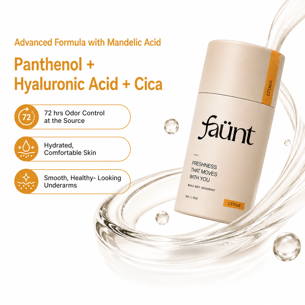 Mandelic Acid + Hyaluronic Acid 72HR Odor Defense Whole Body Stick |Citrus