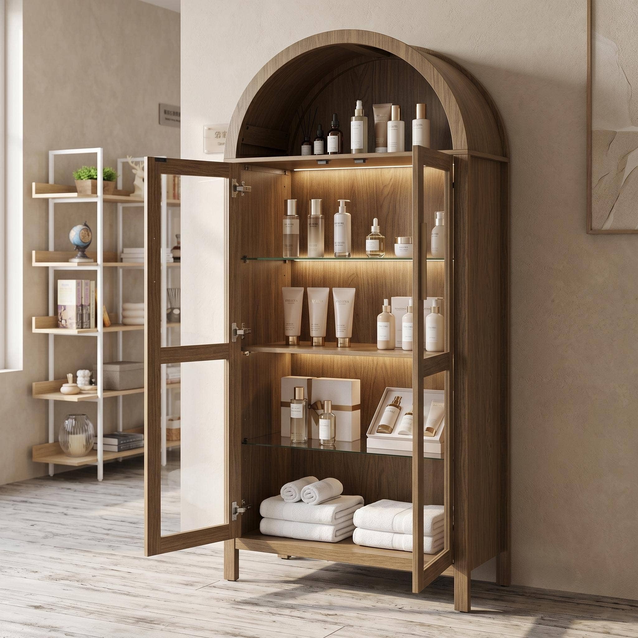 Modern Retro SalonStorage Cabinet with Light &Glass Shelves