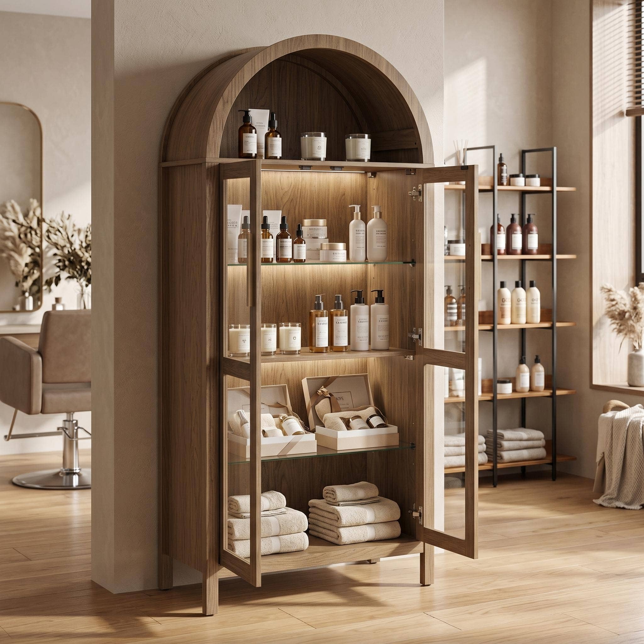 Modern Retro SalonStorage Cabinet with Light &Glass Shelves