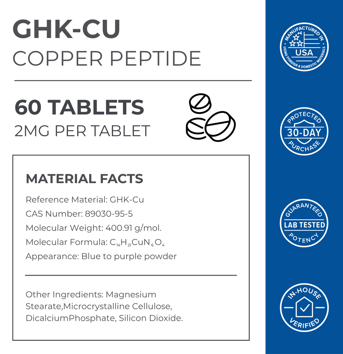 Copper Peptide Tablets | GHK CU Collagen Skin + Hair Support