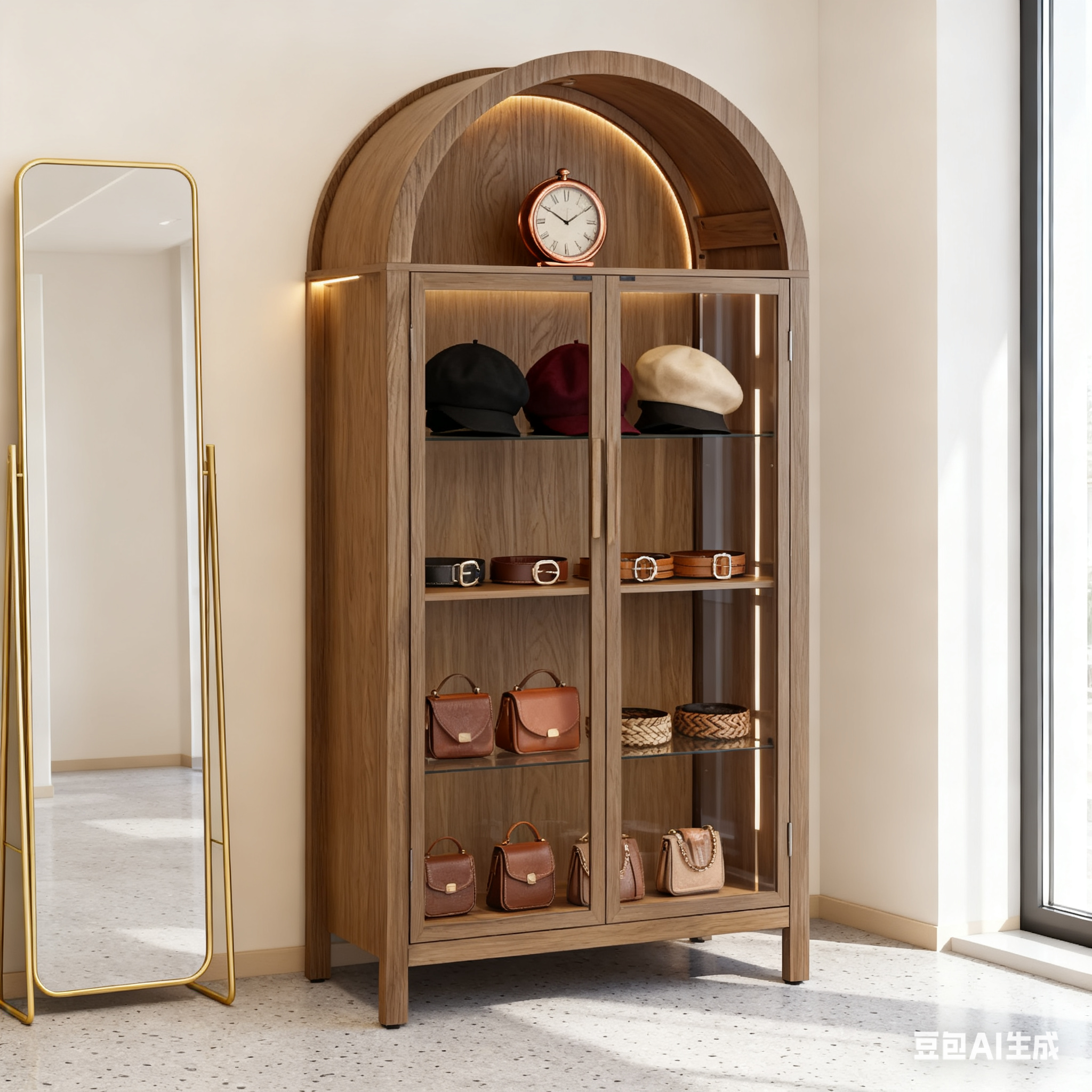 Modern Retro SalonStorage Cabinet with Light &Glass Shelves