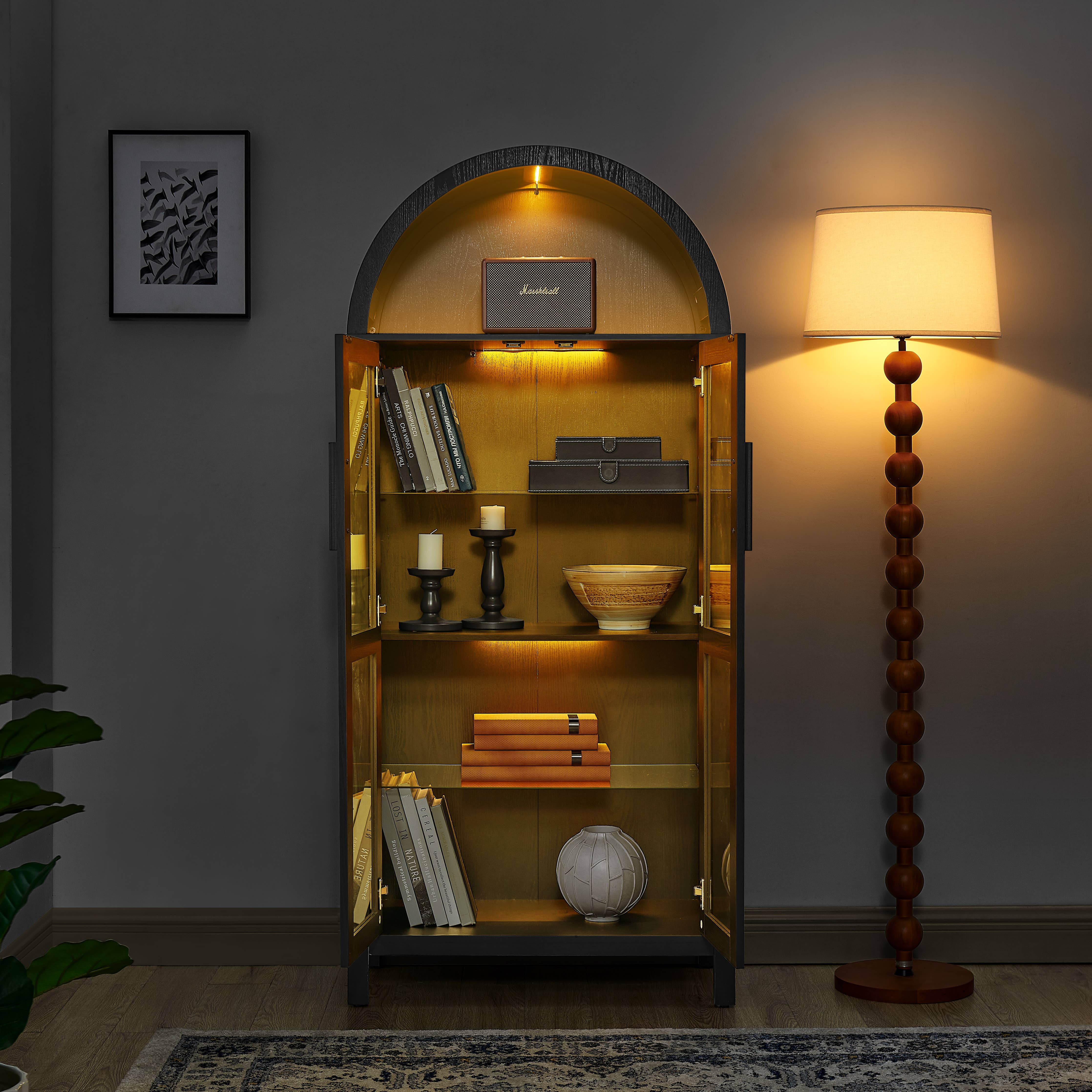 Modern Retro SalonStorage Cabinet with Light &Glass Shelves