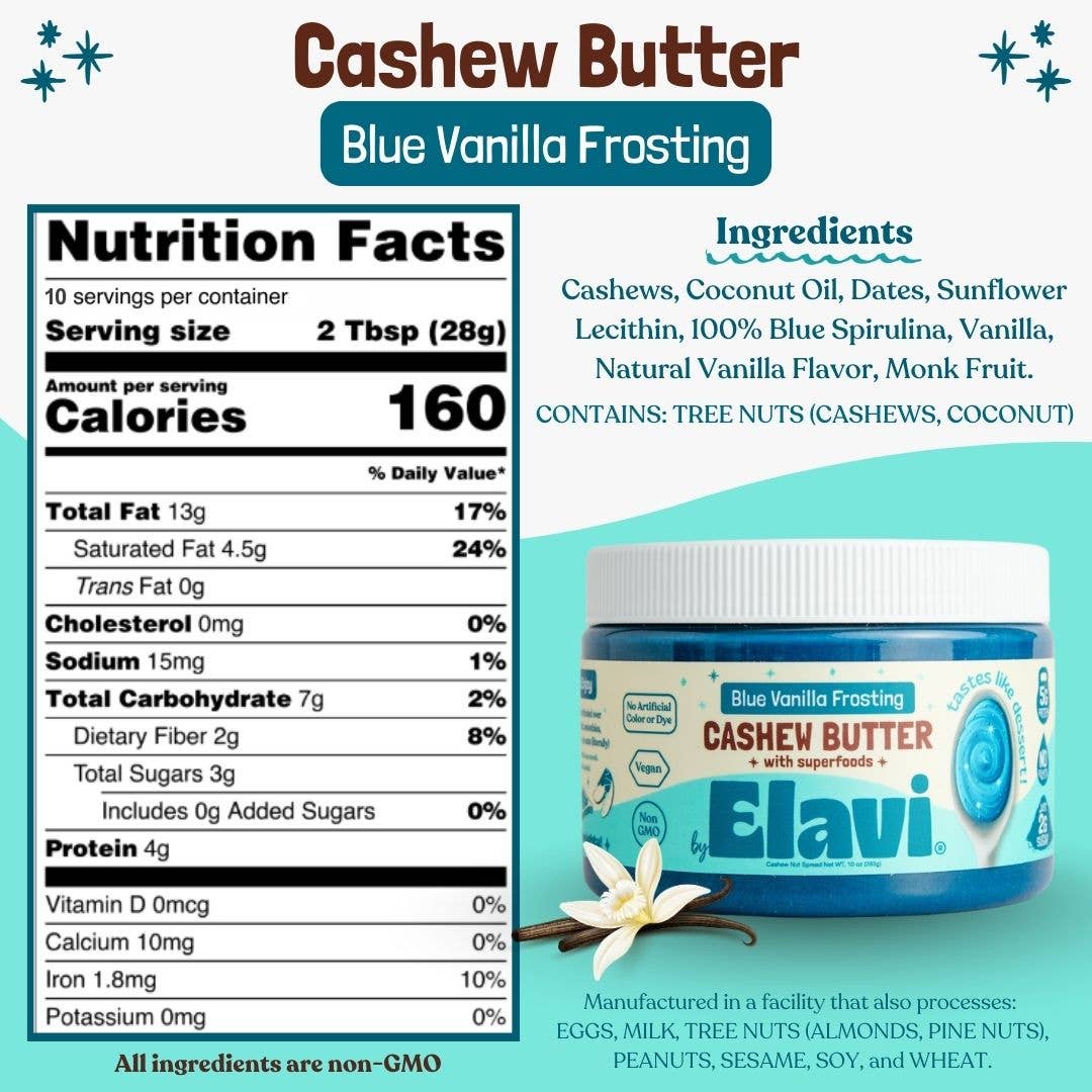 Blue Vanilla Cashew Butter w/ Spirulina: Vegan, Non-GMO