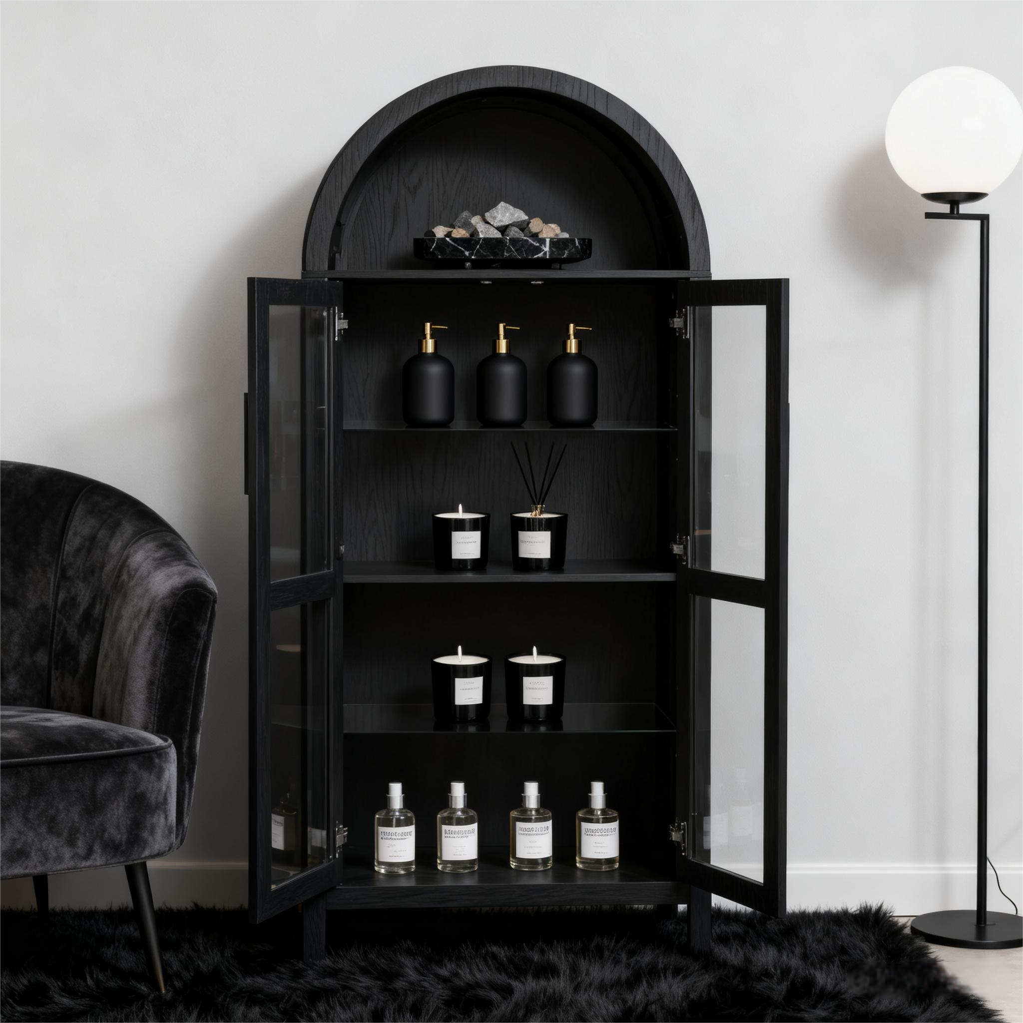 Modern Retro SalonStorage Cabinet with Light &Glass Shelves