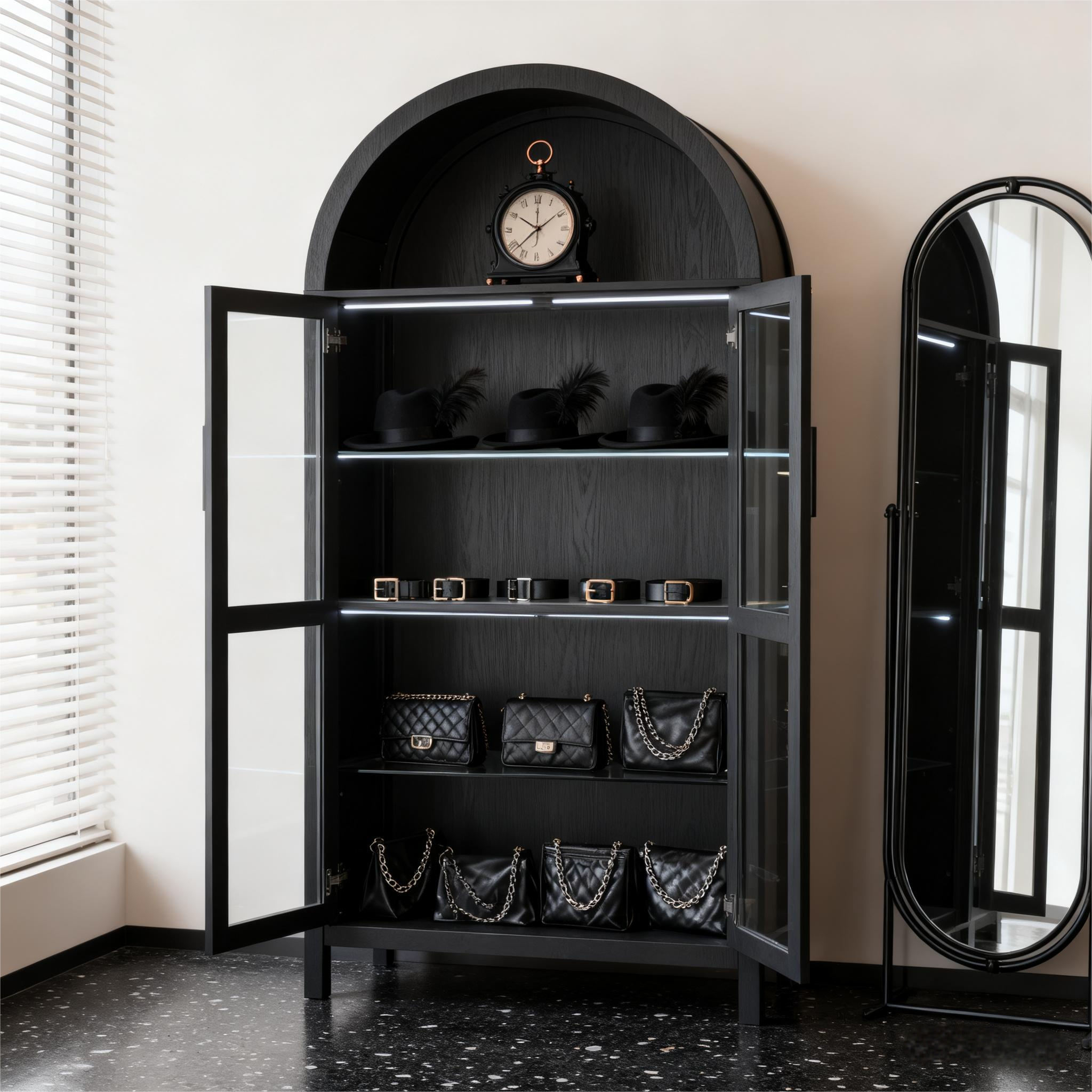 Modern Retro SalonStorage Cabinet with Light &Glass Shelves