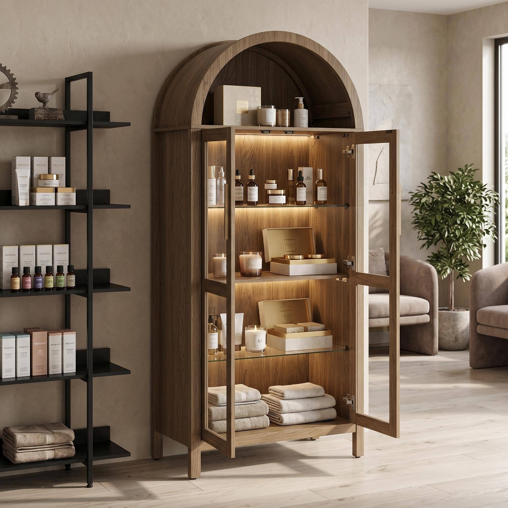 Modern Retro SalonStorage Cabinet with Light &Glass Shelves