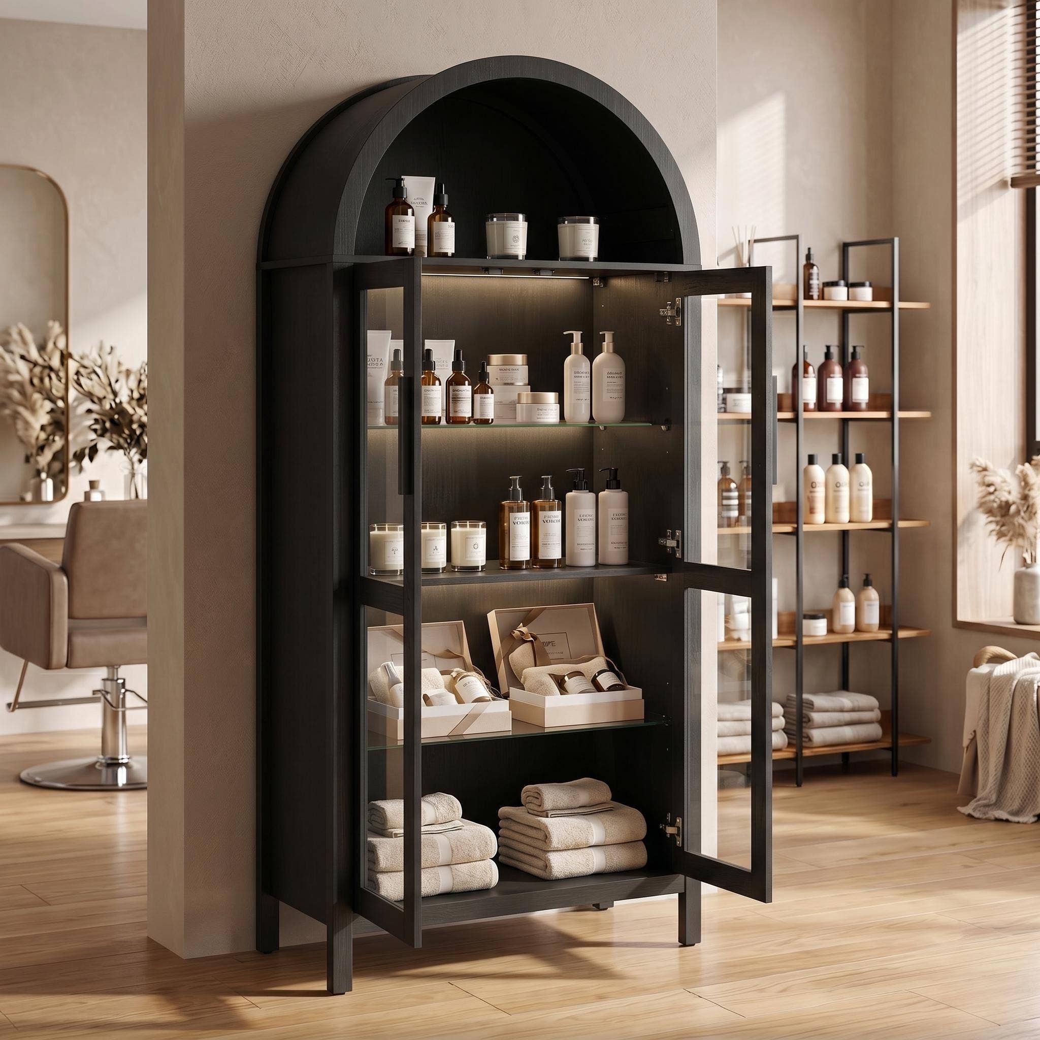 Modern Retro SalonStorage Cabinet with Light &Glass Shelves